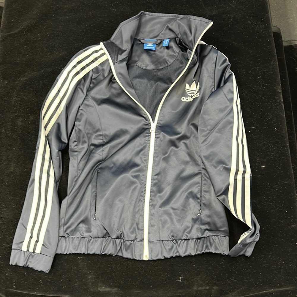 Adidas navy blue with white stripes zip up jacket with zipper pockets